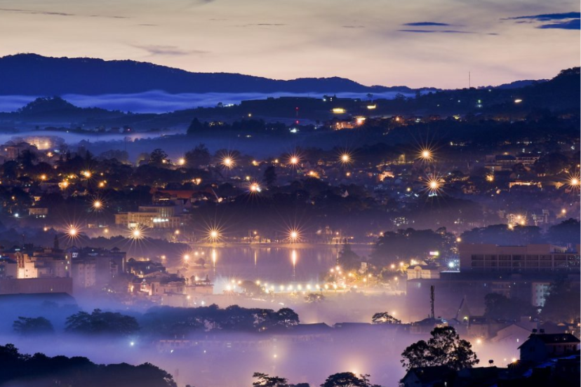 A top-down view of Christmas decorations and the festive holiday space at Artis Hotel Dalat — image courtesy of Artis Hotel.